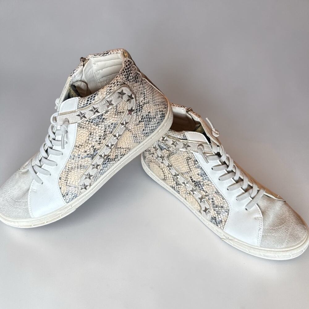 White Gray and Black Snake-Print High-Top Sneakers with Star Stud Detail